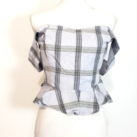NEW!! Chriselle X J.O.A. SIZE M Off The Shoulder Plaid Gray Blue Blouse Top - Picture 5 of 14